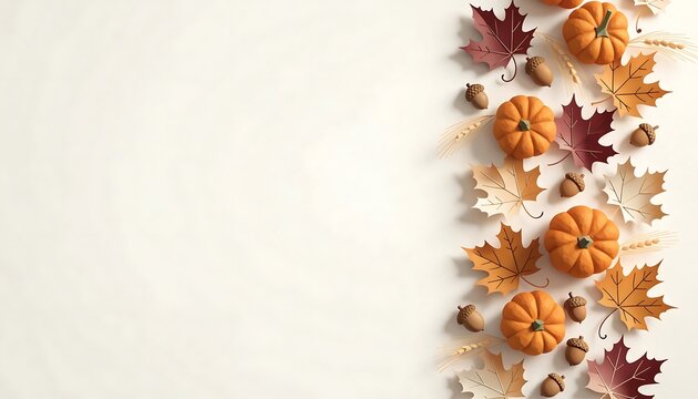 Vertical Autumnal Arrangement of Pumpkins Acorns and Maple Leaves on White Background Keywords: autumn, fall, pumpkins, gourds, squash, harvest, seasonal, october, november, thanksgiving