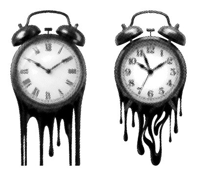 Surreal melting alarm clocks in a halftone dot pattern illustrate the fleeting nature of time