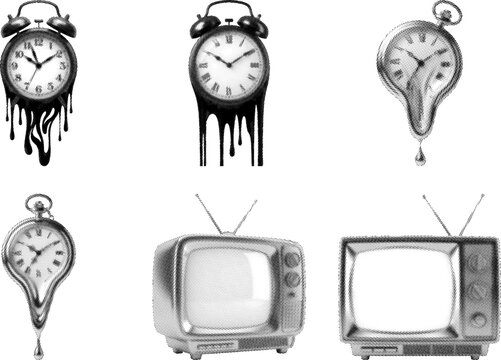 Surreal collection of halftone illustrations featuring melting clocks and vintage television sets design elements