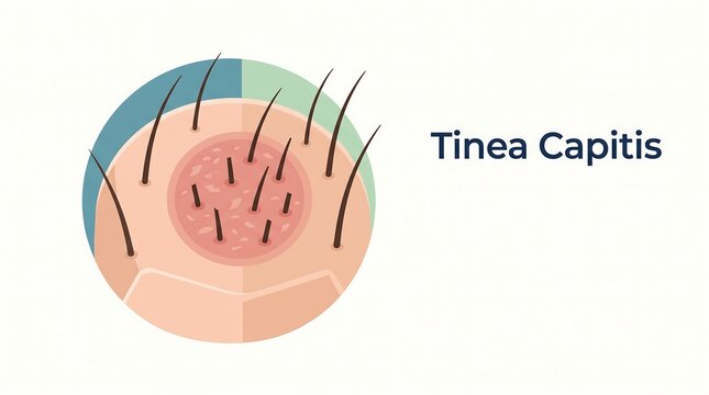 Close up medical diagram of tinea capitis fungal infection on human head featuring hair loss symptoms for dermatology and health awareness