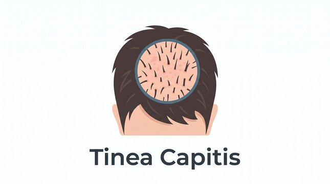 Tinea capitis scalp fungal infection illustration showing hair loss and ringworm symptoms for medical education and dermatology awareness content