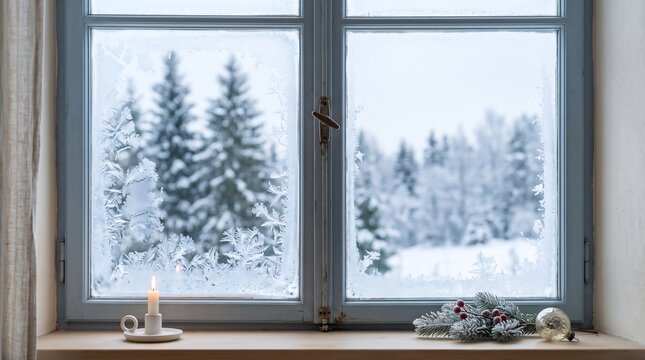 Cozy winter window scene with frost and festive decorations