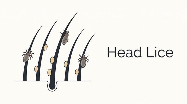 Vector illustration showing head lice parasites and nits attached to human hair strands for pediatric health education and parasite treatment awareness