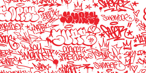 Colorful graffiti street art pattern with red and black tags and symbols on a wall ©  creative  marlia