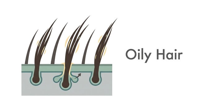 Oily hair scalp illustration showing excessive sebum production in hair follicles for cosmetic and dermatology educational health content