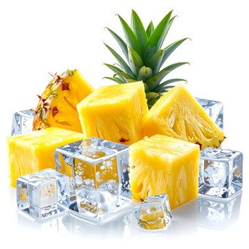 Fresh pineapple chunks with ice cubes and whole pineapple.