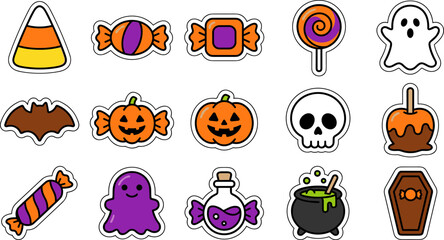 Fototapeta premium Halloween Sweet Treat Stickers Vector Set with Purple Ghost and Wrapped Potion Bottle