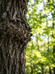 Obraz premium Detailed Close-up of Rough Tree Bark and Burl Growth with Blurred Green Forest Background