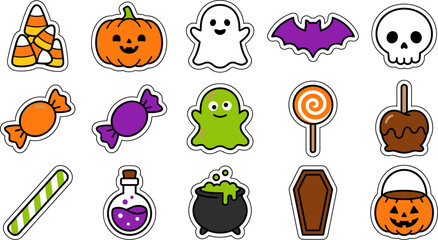 Fototapeta premium Halloween Sweet Treat Stickers Vector Set with Green Ghost and Striped Candy Cane