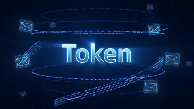 Glowing Token Text With Floating Envelope Icons In Cyberspace, Secure Blockchain Communication Concept