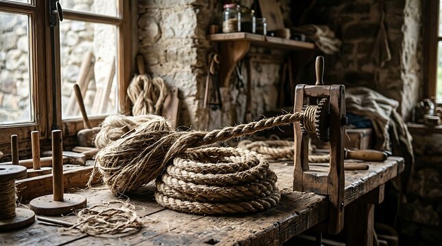 Traditional rope making workshop with coiled hemp on wooden bench