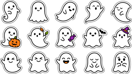 Obraz premium Halloween Cute Ghost Stickers Vector Set with Candy Corn and Autumn Leaves