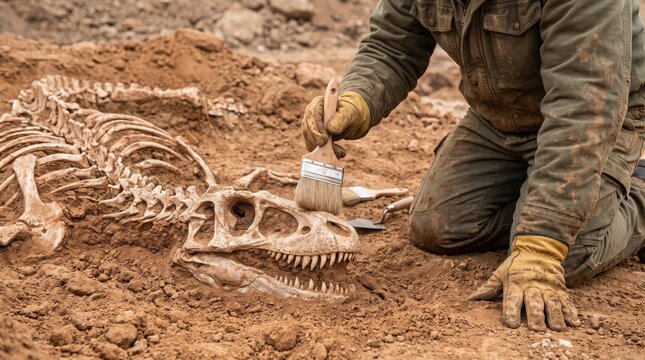 Professional archaeologist carefully cleaning a prehistoric dinosaur fossil skull using a small brush.