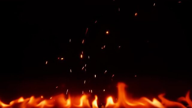 Low fire line with atmospheric mood sending glowing sparks into dark empty space above flames