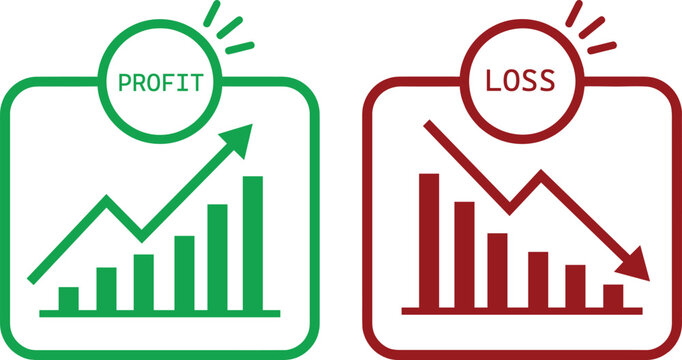 Financial growth and decline icons depicting profit and loss with chart graphics