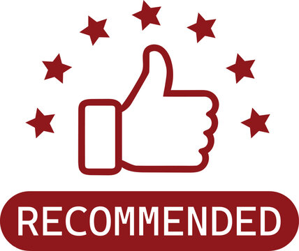 Recommended icon with a thumbs up and stars on a white background