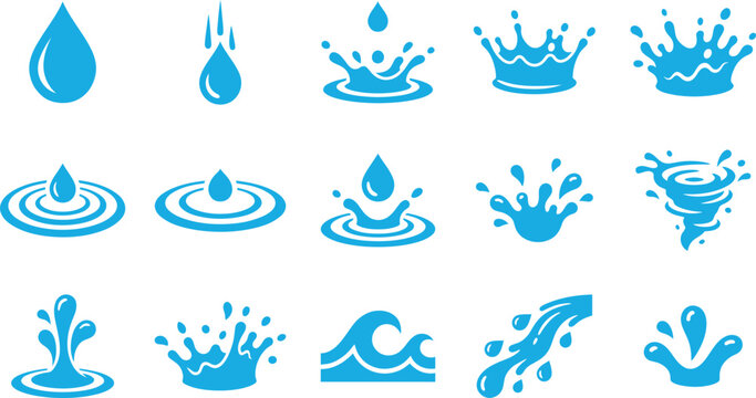 Collection of vibrant blue water drops and splash shapes on a white background