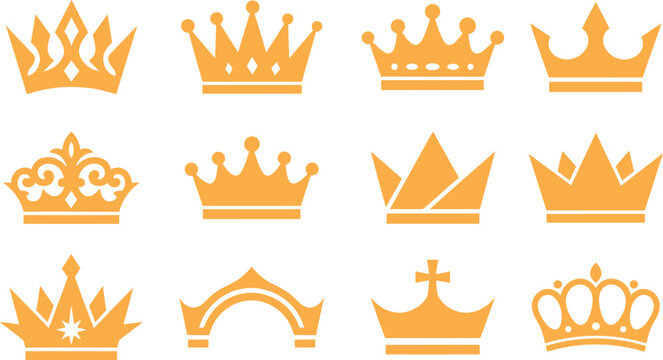 Collection of golden crowns in various styles and designs isolated on white background