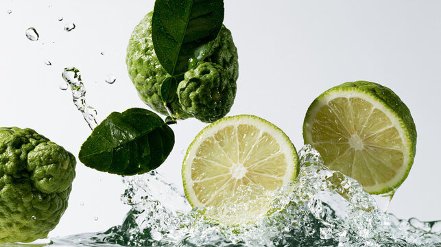 Fresh Kaffir Lime Fruit and Slices Splashing in Water with Green Leaves, Citrus Refreshment