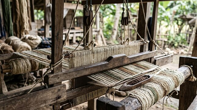 Traditional wooden handloom weaving equipment in workshop