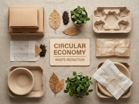 compostable packaging materials Circular economy concept with eco-friendly packaging and plants on a natural surface