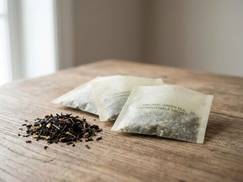 compostable packaging materials Organic compost tea bags and loose compost granules on a wooden surface.