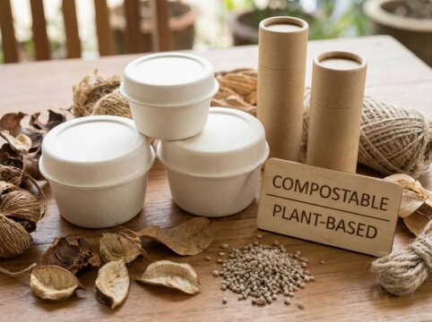 compostable packaging materials Compostable plant-based containers and packaging displayed on wooden table.