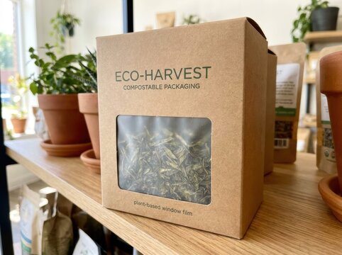compostable packaging materials Eco-Harvest compostable packaging box displayed on a wooden shelf with plants.