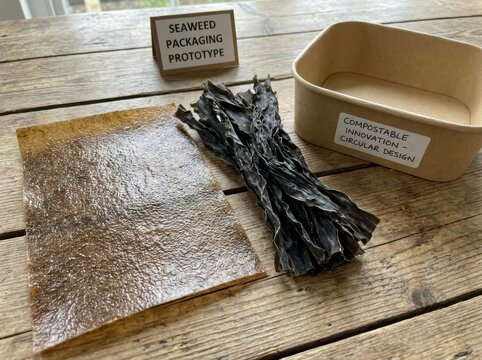 compostable packaging materials Seaweed-based compostable packaging prototype displayed on wooden table.