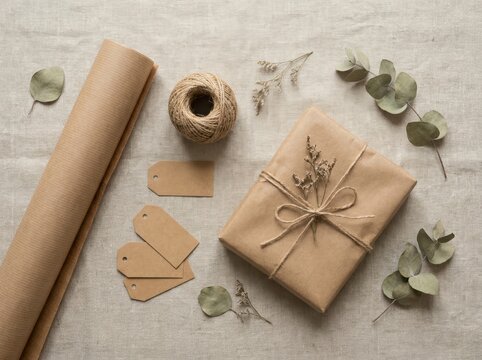 compostable packaging materials Gift wrapped in brown paper with twine and dried flower decoration