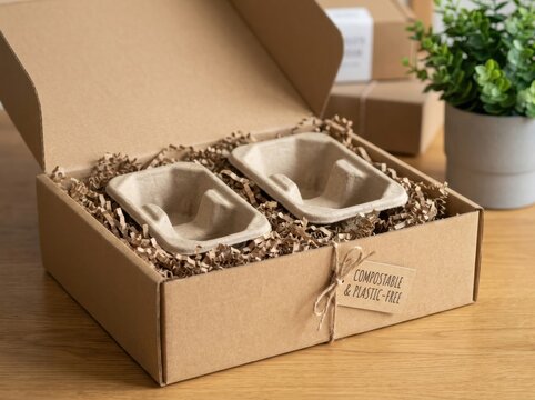 compostable packaging materials Eco-friendly packaging box with molded pulp inserts and shredded paper filler