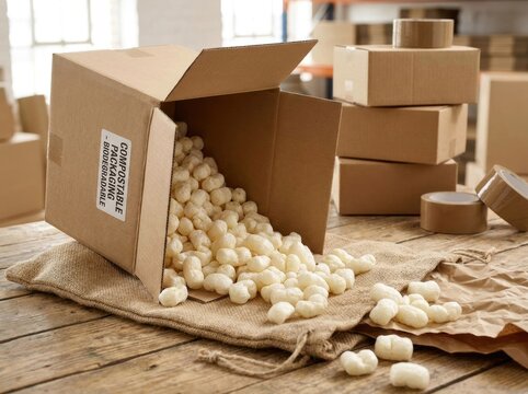 compostable packaging materials Cardboard box spilled with packing peanuts on a rustic wooden surface.