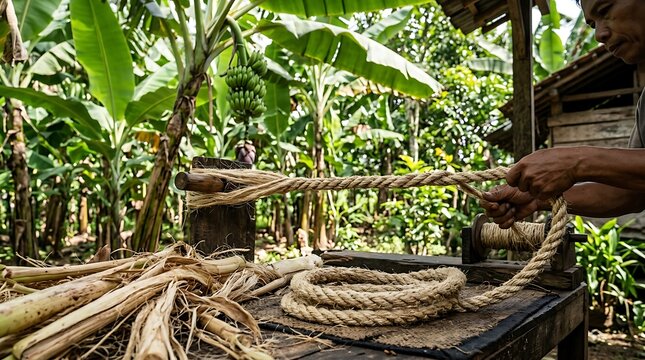 Artisan crafting natural fiber rope in tropical plantation