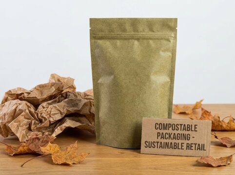 compostable packaging materials Brown compostable packaging pouch with autumn leaves and sustainability sign