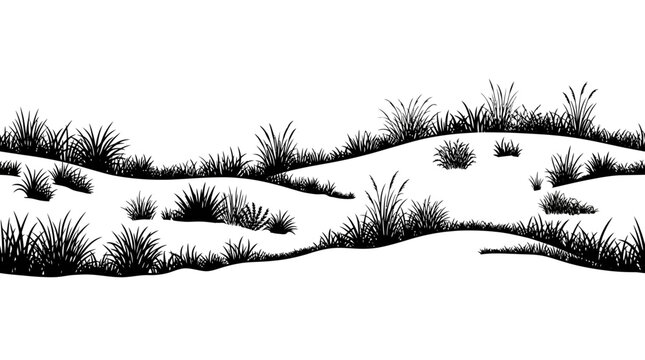 Black Silhouette Grass Hills Vector Illustration, Hand Drawn Nature Landscapes, Winter Scene Background, Bushes And Swards Clip Art isolated PNG with Transparent Background
