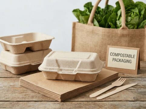 compostable packaging materials Eco-friendly compostable food containers with reusable bag and utensils