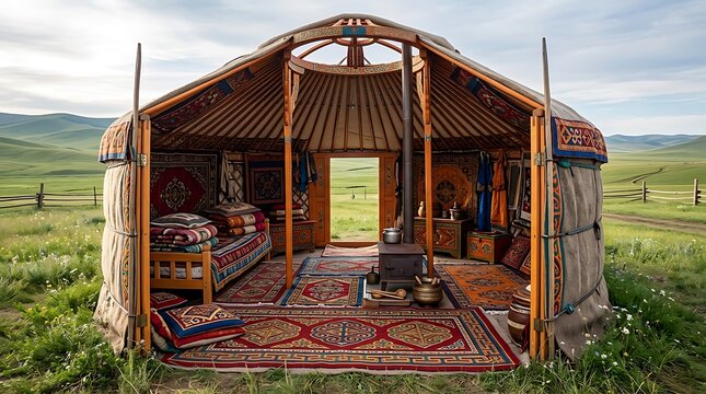 Traditional mongolian yurt interior overlooking vast green hills