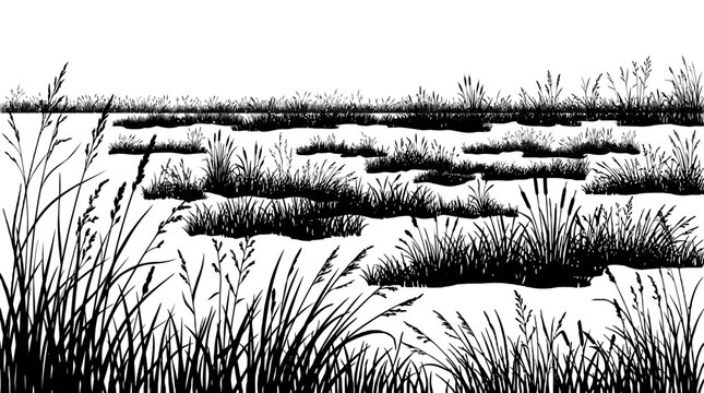 Monochrome wetland landscape. Black and white marsh grasses and reeds. Hand-drawn sketched vector illustration. Nature scene silhouette for design isolated PNG with Transparent Background