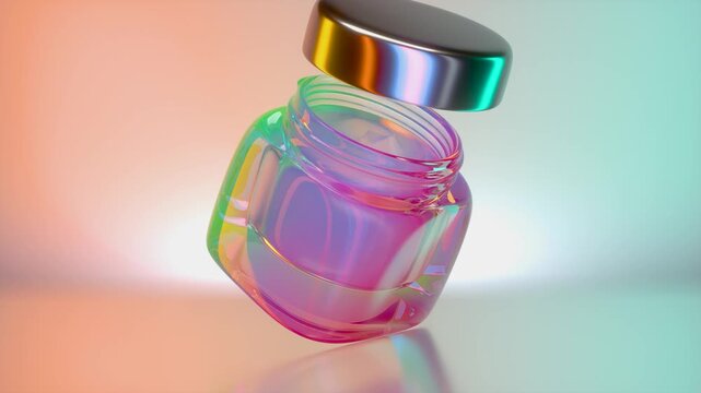 An iridescent multicolored cosmetic cream jar rotates and the metallic screw cap opens. 3d animation on a light orange-green gradient background