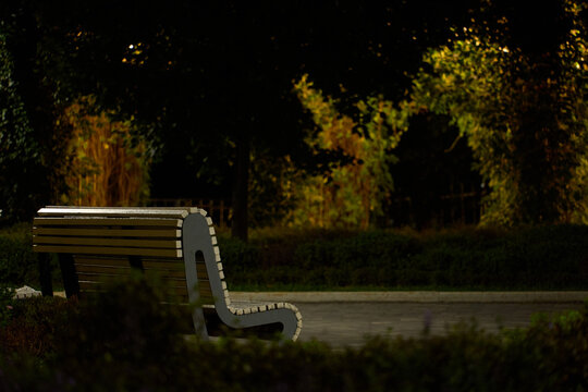 night empty wooden park bench bathed in warm side lighting, set against a deep dark garden backdrop. Softly illuminated trees glow with golden and amber hues in the background, creating a peaceful