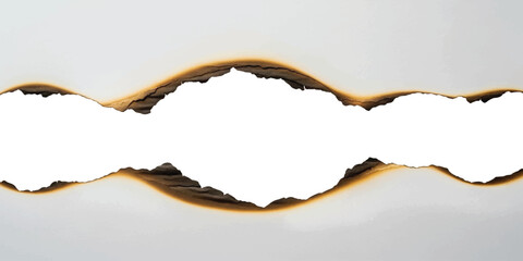 Fototapeta premium Burnt paper edge hole with charred black borders on a piece of white paper texture