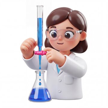 Female scientist performing titration using burette and erlenmeyer flask in lab