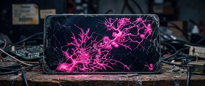 Cracked tablet screen displaying vibrant pink neural network connections representing digital hardware damage and internal data flow disruption
