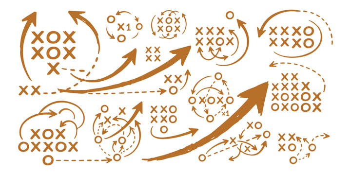 Hand drawn tic tac toe strategy diagrams with arrows and game moves for business planning concepts
