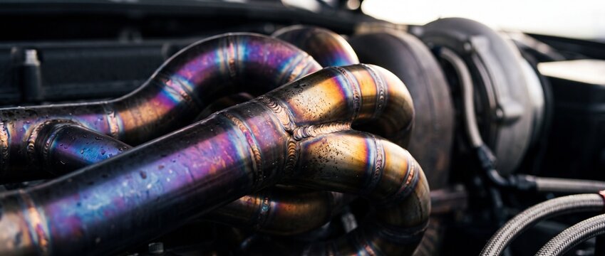 Custom titanium exhaust manifold with heat discoloration rainbow hues provides high performance airflow for turbocharged racing car engine