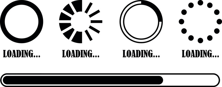 Black and white loading icons and progress bar depicting data transfer or processing