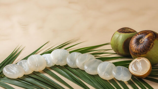Sophisticated Tadgola fruit flat lay with sliced translucent fruit arranged in an artistic wave pattern across the lower third of a warm neutral background, natural palm leaves and several whole fruit