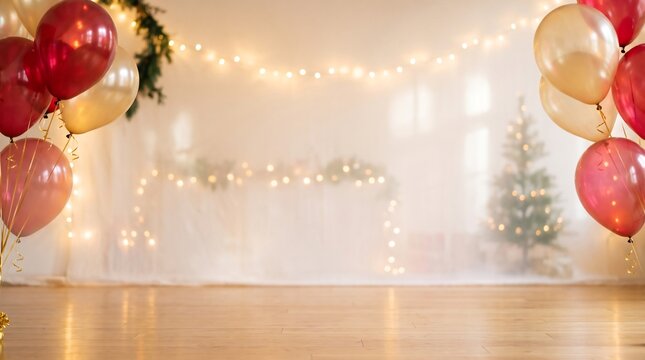 Festive Party Room with Red and Gold Balloons and Warm Lights