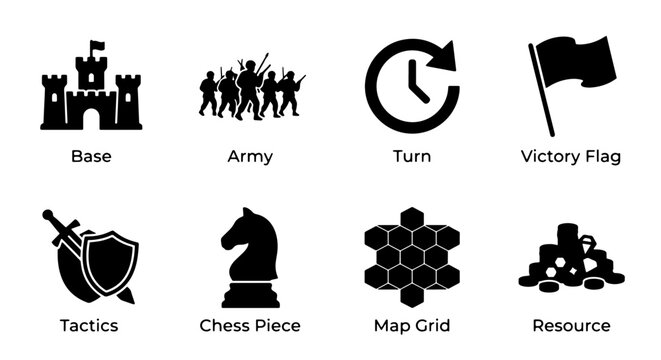 Strategy Game Icons: Military Base, Army, Turn Clock, Victory Flag, Tactics Shield, Chess Piece, Map Grid, Resource Pile Vector Set