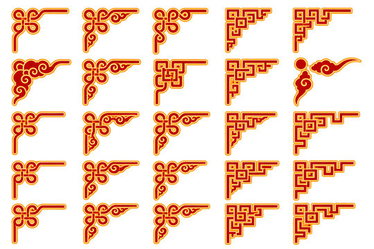 Chinese traditional corner border frame element collection set with red gold pattern